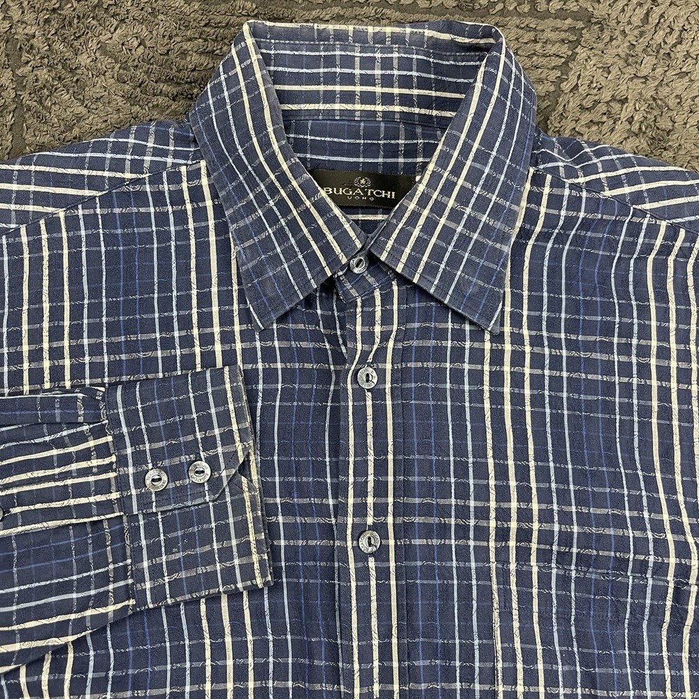 Bugatchi Uomo Men's XXL Long Sleeve Shirt Blue White Textured Plaid Button Front